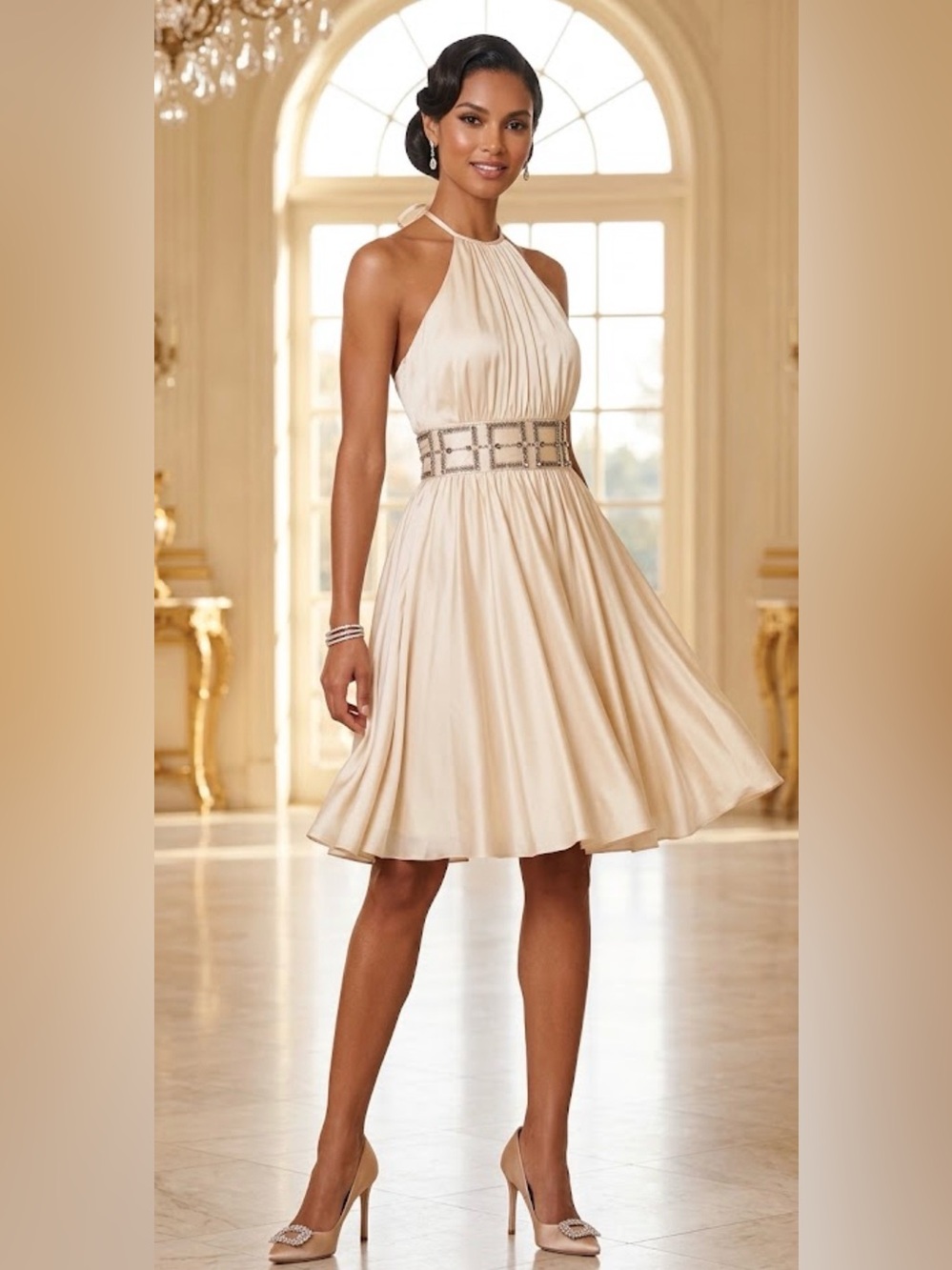 Marc Bouwer Glamit 100% Silk Beaded Halter Dress Cream Champagne Size 4